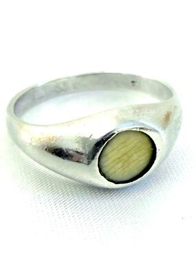 Sterling Silver Oval Signet Ring Mother of Pearl Inlay - Minimalist Unisex Sz 7